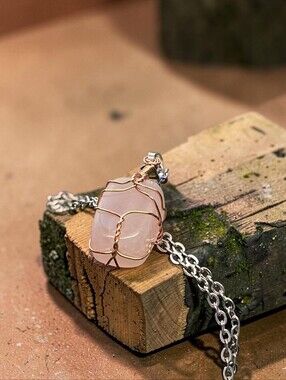 Rose Quartz Wire-Wrap Pendant Necklace - Pink Crystal Jewelry